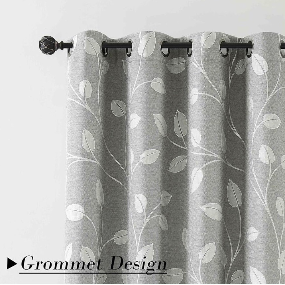 MIUCO Floral Embroidered Semi Sheer Curtains Faux Linen Grommet Curtain 2 Panels